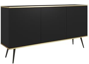 3xE Living Moderne Kommode in Schwarz mit schwarzen Beinen und goldenen Details, 160x85x39 cm