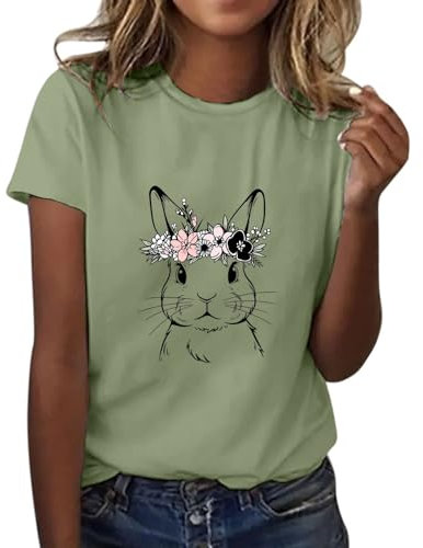 Damen Hase|Ostern Bunny T-Shirt Mit Rundhalsausschnitt Süßes Kaninchen Bedrucken Osterhase Rabbit Tshirt Teenager Mädchen Sommer Tops Frauen Osterhasen Kostüm Basic T Shirt