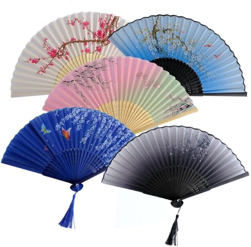 Voarge 5 Stück Vintage Seide Faltfächer Bambus Handheld Faltfächer, Hand Fan Asiatische Deko für Geburttag, Party, Wedding, Fotografie, Wand Dekoration