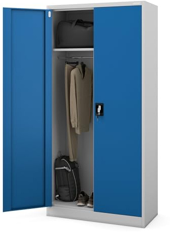 Jan Nowak Kleiderschrank abschließbar, Büroschrank mit Kleiderstange | Aktenschrank, Metallschrank mit Fächern, Kleiderstange, 50 kg Fachlast, Stahl 0,6 mm, Schloss, Wandmontage, 185 x 90 x 45 cm