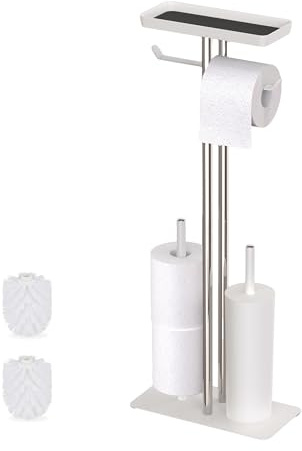 Relaxdays toilet set, stainless steel, shelf & roll holder, freestanding, 3 in 1, HWD: 77x30x15cm, toilet stand, white