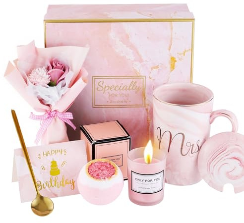 Geburtstagsgeschenke für Frauen – Luxus Geschenkkorb mit Tasse, Kerze, Badebombe, Seifenstrauß – Ideal für Mama, Ehefrau, Schwester, Freundin, beste Freundin, Kollegin