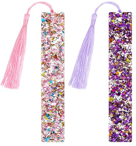 2 Stück Glitzerpulver Lesezeichen Kristallharz Harz Bookmark mit Bunter Getrocknete Blumen Harz Bookmark Transparenter Seitenmarker mit Bunter Quaste für Erwachsene Frauen Teenager Kinder Geschenk