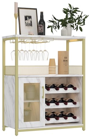 TUFSPRAX Meuble Bar à Vin à 3 Niveaux avec Casier à Bouteilles et Tiroir Amovibles, Buffet Industriel avec Porte-Verres et Porte Grillagée, Solution de Rangement Durable et Elégante, Or