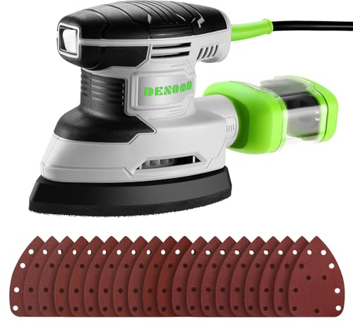 DESOON Deltaschleifer, 180W Schleifmaschine mit Absaugung, 13000 U/min Hohe Effizienz, Staubauffangbehälter & 20 Schleifblättern, ideal zum Schleifen & Polieren auf engstem Raum