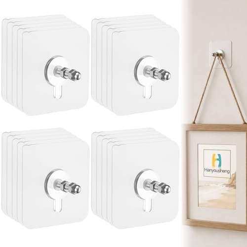 Hanyousheng 20Stück Selbstklebende Haken Transparent, Starke Klebehaken für Wand Bilder Aufhängen Ohne Bohren, Wasserdichte Bildaufhänger für Bilderrahmen, Poster, Fotos, Dekoration, Küche, Bad(20PCS)