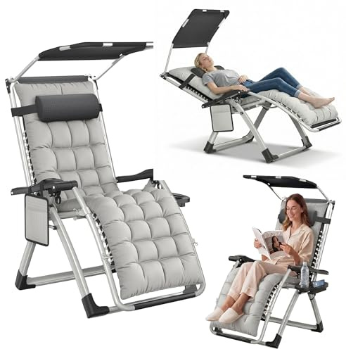UISEBRT Liegestuhl Klappbar mit Sonnendach,Relaxliege Verstellbar 90-170° mit Nackenkissen, Getränkehalter & Seitentasche -Sonnenliege belastbar bis 160kg für Garten, Balkon & Camping,Hellgrau