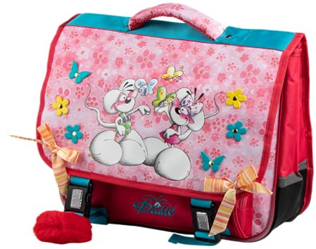 Diddl Cartable Scolaire Rose et Diddlina, Motif Papillons et Fleurs, Bretelles Rembourrées Ajustables, Fond Imperméable Renforcé, Grande Capacité, Charm Pompon Cœur