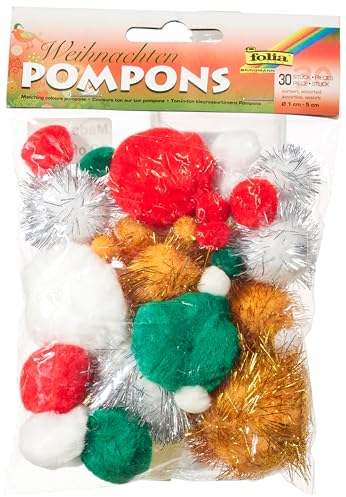 folia 50395 - Pompons, 30 Stück sortiert in verschiedenen Größen, Weihnachten - ideal für farbenfrohe Bastelarbeiten