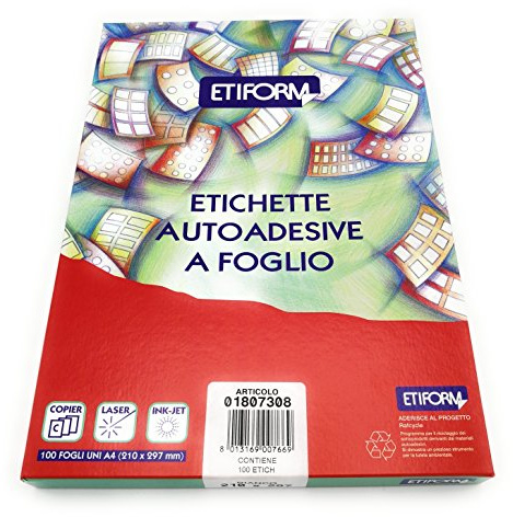 ETIFORM 100 FOGLI CARTA ADESIVA A4 DA STAMPARE - 100 ETICHETTE BIANCHE A4