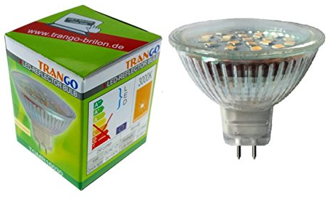 Trango 1er Set MR16030 LED Leuchtmittel mit MR16 Fassung zum Austausch herkömmlicher Halogen Leuchtmittel MR16 I GU5.3 I G4 12 Volt 3000K warmweiß Glühlampe, Reflektor Lampe, LED Birnen