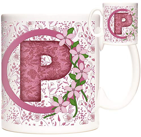 Letter P Gift Mug, Monogram Initial P Mug, Alphabet Letter P Mug, Birthday or Celebration Gift for People Who's Name Begins with P. Pink Flower Design 11oz Ceramic Mug,