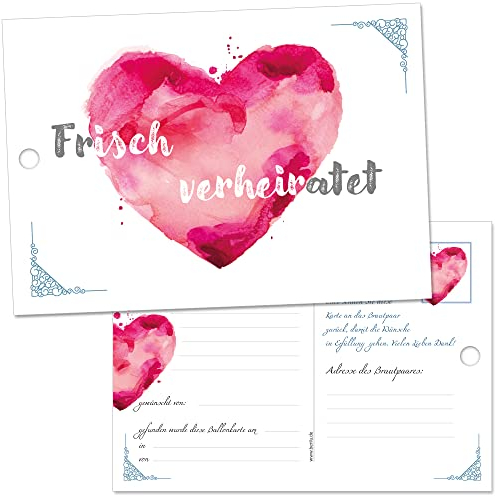 beriluDesign Ballonflugkarten zur Hochzeit - 50 Stück – gelochte, leichte Ballonkarten mit Herz-Motiv für Luftballons