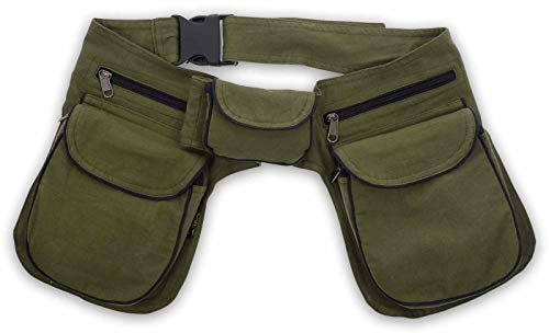 Kunst und Magie Doppel Bauchtasche Sidebag Gürteltasche Festivaltasche Hippie Goa, Farbe:Army Green/Schwarz
