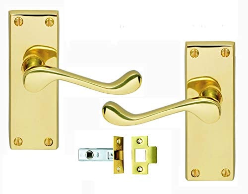 Golden Grace Victorian Scroll Brass Latch Door Handle Set, Polished Brass | Includes matching spindles, screws, and 64mm tubular components; 120mm x 40mm backplate size ensures an easy install.