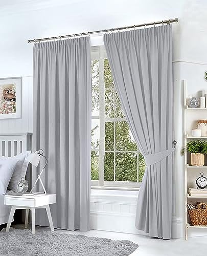 Hachette Thermal Blackout Curtains Pencil Pleat Tape Top Including Pair of Tiebacks (Silver Grey, 66 X 72)