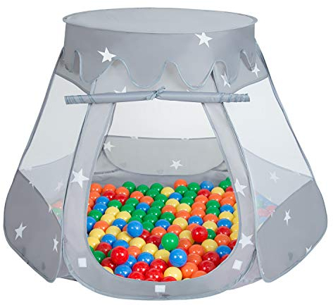 Selonis Baby Spielzelt Mit Plastikbällen Zelt 105X90cm/300 Bälle Plastikkugel Kinder, Grau:Gelb-Grün-Blau-Rot-Orange
