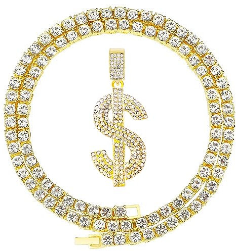 HH BLING EMPIRE 14k Gold Silver Plated Hip Ho Rapper Pendant Chain Necklace for Men, Iced Out Diamond King Pendant with Rope Tennis Chains 22 Inch, Zinc, crystal rhinestones