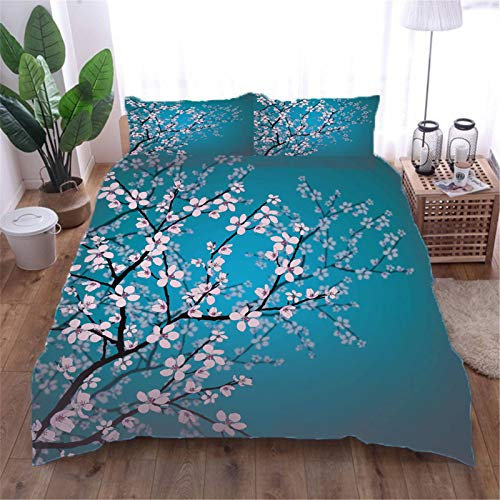 AOUAURO Housse de Couette 200x200 Fleurs de Cerisier Parures de Lit 3D Imprimé en Polyester avec Fermeture Éclair Cachée et 2 Taies d'oreiller Double