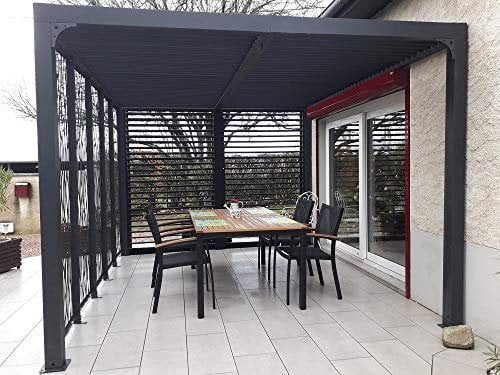 Pergola Pavillon bioklimatischer Wald aus Aluminium mit beweglichen Sichtschutz und festen Seiten, Maße 360 x 300 x 219 H