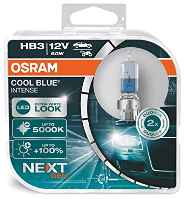 Osram COOL BLUE INTENSE HB3, +100% mehr Helligkeit, bis zu 5.000K, Halogen-Scheinwerferlampe, LED-Look, Duo Box (2 Lampen), 9005CBN-HCB