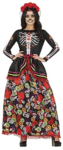 FIESTAS GUIRCA Déguisement Catrina - Robe Longue avec Imprimé Tête de Mort et Serre tête à Fleurs pour Femme Adulte Taille S 36-38