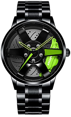 MIDYUID Herren Uhren Hohl Auto Rad Felgen Nabe Uhr Wasserdicht Sport Uhr Armbanduhren für Herren Geschenke (Green-01)