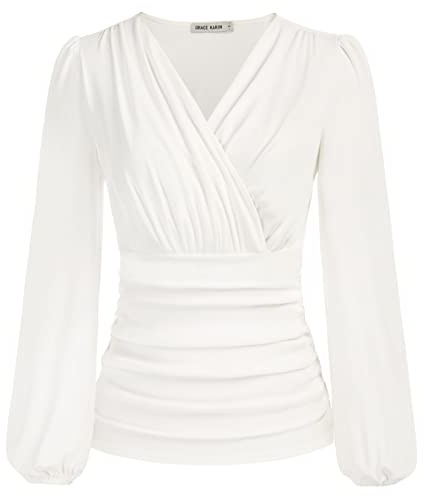 GRACE KARIN Damen V-Ausschnitt Wickelbluse Slim Plissee Elegante Oberteile | Vintage Laternenärmel Tunika Einfarbige Rüschen Langarmshirt Festliche Party Club Cocktail Oberteile