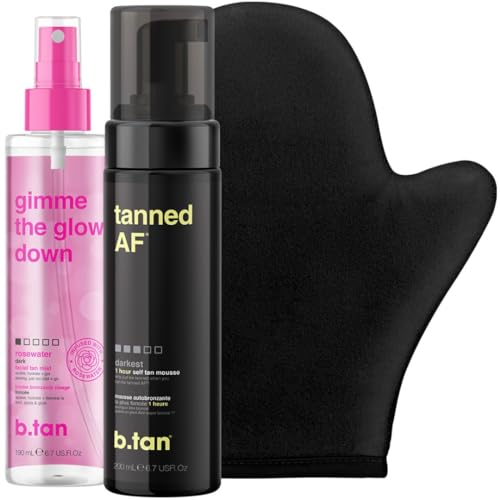 b.tan Darkest + Glowy Selbstbräuner-Set | b.tan + Glow Bundle – Selbstbräunungs-Mousse mit Gesicht + Körper schrittweiser Selbstbräuner-Nebel mit Selbstbräuner-Handschuh-Applikator, 200 ml