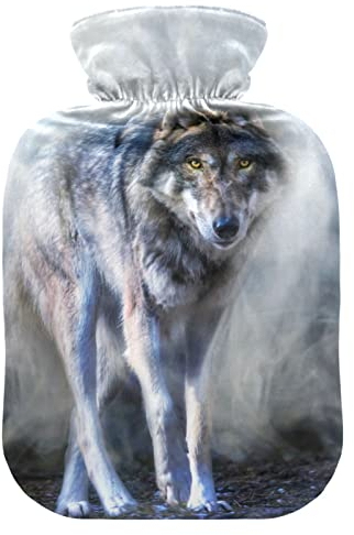 YOUJUNER Wärmflasche mit Fantasy-Wolf-Print Bezug, Groß 2 Liter Heißwasserbeutel Heißwasserbeutel Bettflasche