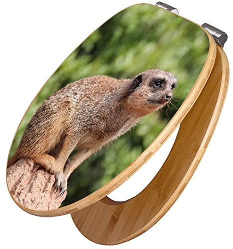 banjado® Design WC Sitz Bambus Absenkautomatik mit Motiv Erdmännchen 2 / Toilettendeckel mit Absenkautomatik Holz/hochwertiger Bambus Klodeckel/WC-Sitz für alle gängigen Toiletten