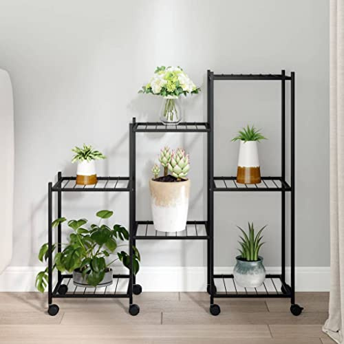 homiuse Blumenständer 83x25x83,5 cm Schwarz Eisen Pflanzenregal PflanzenstäNder BlumenstäNder Metall Blumentreppe PflanzenstäNder Metall PflanzenstäNder Schwarz Blumenregal Metall mit Rollen