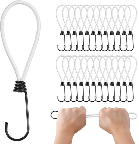 PRETEX 25er Pack Spanngummi mit 18cm Länge - 25er Set Gummispanner Spanngurte mit Haken - 18cm Expander Set - Spanngurt Set für Fahrrad - Bungee Cord - Weißes Band Schwarzer Haken