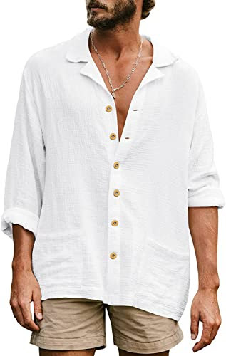 Langarm Shirt Herren Leichte Komfortabel Casual Shirt Einfachheit Mit Taschen Basic Shirt Herren Frühling Sommer Einfarbig Shirt Atmungsaktiv Outdoor Shirt Herren B-White M