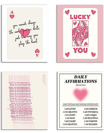 KEUSPI Trendy Y2K Pink Lucky You Queen Ace of Hearts Daily Affirmations Love is Everywhere Posterdrucke für adrette Zimmer Wohnheim Dekor, trendige Dekorationen, Wandkunst, ungerahmt 20,3 x 25,4 cm, 4