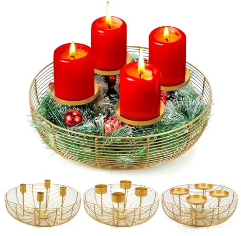 Adventskranz Kerzenhalter, Kerzenständer für Adventskranz, Gold 3 in 1 Kerzenhalter für Stabkerzen, Stumpenkerzen und Teelichter Deko,Metall zum kreativen Schmücken, Advent Weihnachten Tisch Deko