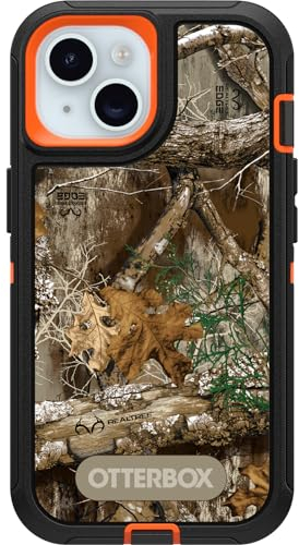 OtterBox Schutzhülle für iPhone 15, iPhone 14 und iPhone 13 Defender Series – Realtree Edge (Blaze Orange/Schwarz/RT Edge), robust und langlebig, mit Anschlussschutz, inklusive Holster-Clip-Ständer