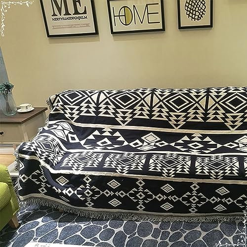 Homxi Sofa Überzug Zweisitzer,180x230CM,Sofabezüg Geometrisch Muster mit Quasten Bezug Sofa Baumwolle Sofa Handtuch Schwarz Blau Sofahusse