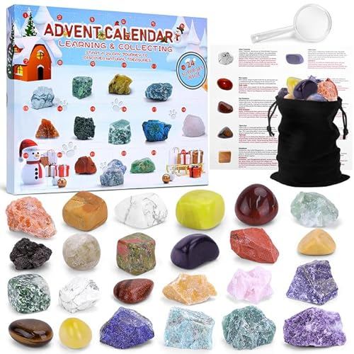 Meetory Edelstein Adventskalender 2025, 24 Tage Edelsteinen – Entdeckerset Kinder Geologie, Adventskalender Kristalle für Meditation Yoga, Weihnachts-Countdown-Geschenke für Frauen Jungen Mädchen