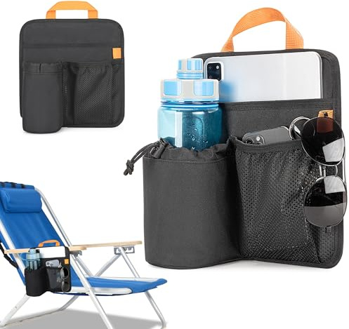 GRAOSO Beach Chair Cup Holder, Chair Side Organizer Easily Attached to Armrest with 2 Self-Adhesive Fastener Strap, Hanging Chair Attachment for Water Bottle, Sunglasses, Phone, Snack, etc..