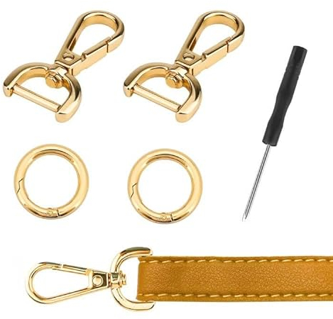 SwirlColor Karabinerhaken mit Drehgelenk, 2 Stück D-Ringe Karabiner mit Drehgelenk und 2 Stück Feder O Ringe mit einem Schraubendreher für Geldbörse Crossbody Handtasche DIY Zubehör - Gold