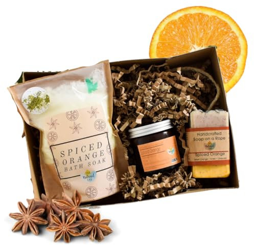 The Natural Spa New Mum Pamper Kit - Self Care Gifts for Women - Vegan Relax Hamper with Bath Soak, Soap on a Rope, Coconut Wax Candle - Eco-Friendly Eucalyptus Gift Sets for Women (Spiced Orange)