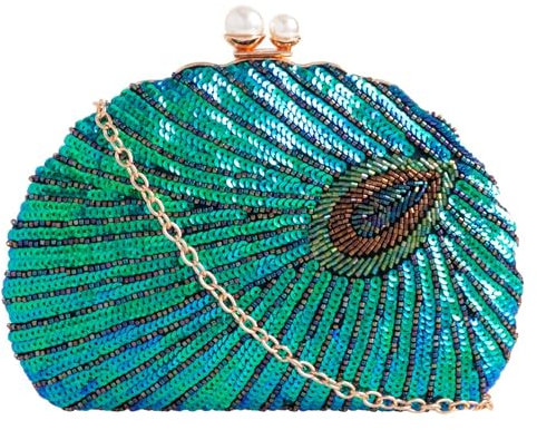 UShopUK Hartschalenkoffer, Pfauen-Pailletten, Perlen, Vintage-Stil, für Braut, Abschlussball, Hochzeit, Abendveranstaltung, Clutch, Party, Handtasche, pfau, medium