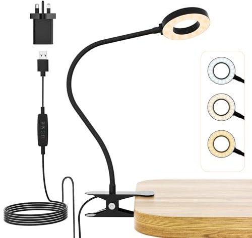 KLINTOS LED Desk Lamp Clip on Light, Table Lamp【3 Color Modes & 10 Brightness】, Reading Lamp with USB Adapter, 40cm Flexible Clip on Lamp, Reading Light, Clamp Lamp for Reading/Studying/Working/Makeup