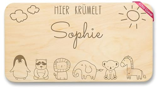 Frühstücksbrettchen Holz Natur - Tiere - Hier krümelt Name I Pinguin I Pandabär I Löwe I Elefant I Tiger I Zebra - 22x12 - Holz - brotzeitbrett kinder kinderbrettchen tier zoo frühstücksbrett
