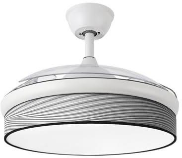 Abrila - Ventilador DC MODA | Color Blanco con tres Aspas Desplegables ABS y Difusor Surco Gris | 6 Velocidades Ajustables | 3 Temperaturas de Luz | con Temporizador y Mando a Distancia Incluido