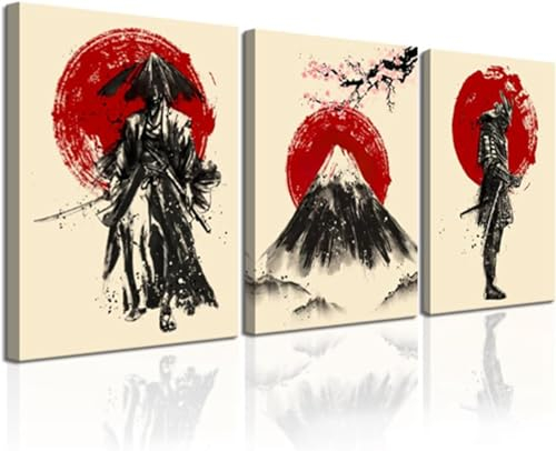ZFTCN Japanische Bushido-Plakatbilder, Japanische Männer und Frauen Samurai-Zeichnungen, Japanische Schriftzeichen und Mount Fuji-Poster,Rahmenlos (Poster-01,20x30cm*3Pcs)