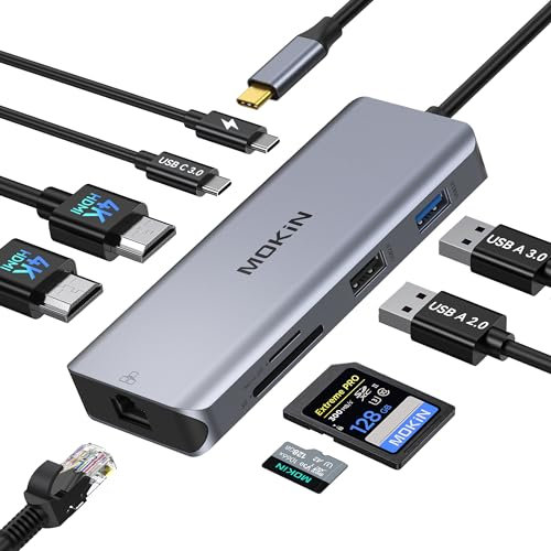 Station d'accueil USB C Double Moniteur, Docking Station 9 en 1 vers Dual HDMI, Ethernet RJ45, PD 100W, USB 3.0/2.0, SD/Micro SD, Hub Dual HDMI pour MacBook Dell HP Lenovo