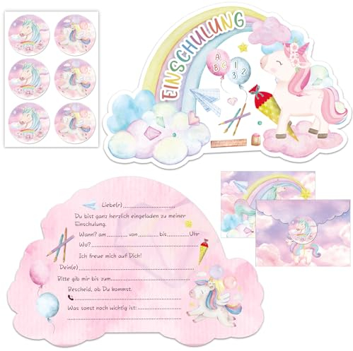 12× Einladung Einschulung Mädchen, Deutsche Einhorn Einladungskarten mit 12 Umschläge, Einschulung Einladungskarten, Einladung Schulanfang, für Schulkind Mädchen Junge