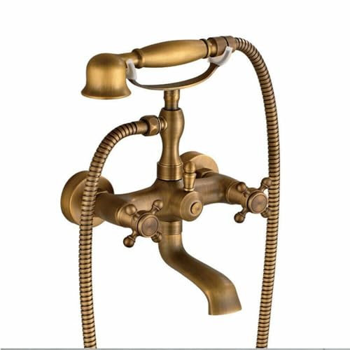 Grifo mezclador de latón dorado antiguo para bañera con ducha de mano, grifo de bañera con ducha de mano, latón antiguo, montaje en pared, dos asas, grifo de ducha